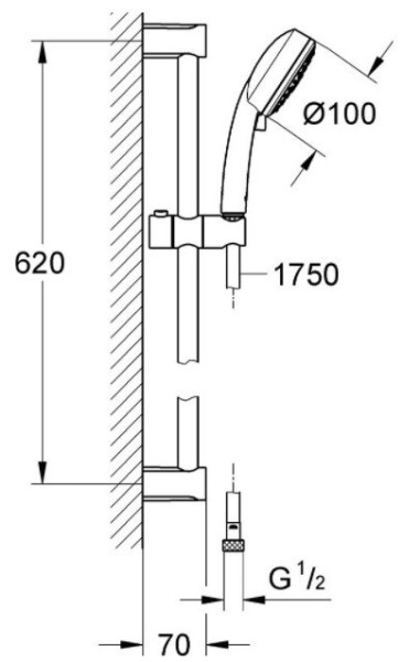 27576002 Tempesta New Cosmopolitan 100 Душевой гарнитур III, душевая штанга 600 мм, шланг 1750 мм, 9,5 л/мин, полочка, хром. Фото 2