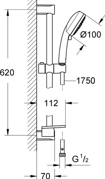 27577002 New Tempesta Cosmopolitan 100 Душевой гарнитур I, душевая штанга 600 мм, шланг 1750 мм, 9,5 л/мин, полочка, хром. Фото 2