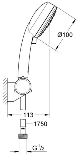 27584002 Tempesta Cosmopolitan 100 Душевой набор III (круглый ручной душ, настенный держатель, шланг 1750 мм), 9,5 л/мин, хром. Фото 2