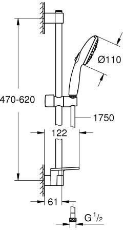 27600003 Tempesta 110 Душевой гарнитур 3 режима струи, душевая штанга 600 мм, шланг 1750 мм, 5,6 л/мин, полочка, хром (замена арт. 27600001). Фото 2