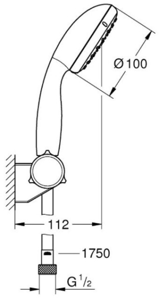 2760110E Tempesta New 100 Душевой набор II (круглый ручной душ, настенный держатель, шланг 1750 мм), 5,7 л/мин, хром. Фото 2