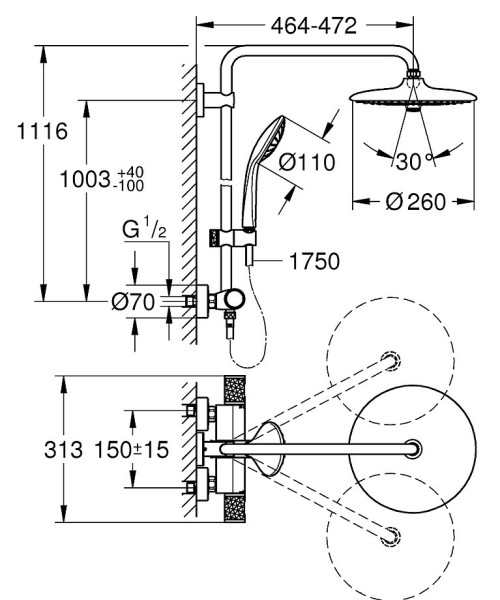 27615002 Euphoria 260 Душевая система с термостатом для душа, 9.5 л/мин, хром (замена 27615001). Фото 3