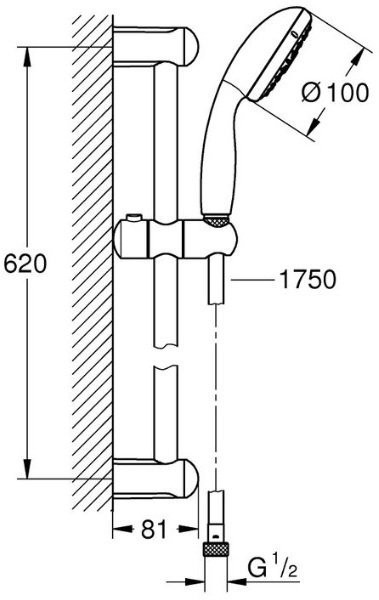 27795001 Tempesta New 100 Душевой гарнитур IV, душевая штанга 600 мм, шланг 1750 мм, хром. Фото 2