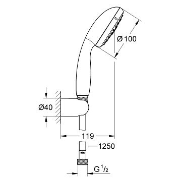 27799001 Tempesta New 100 Душевой набор II (круглый ручной душ, настенный держатель, шланг 1250 мм), хром. Фото 2