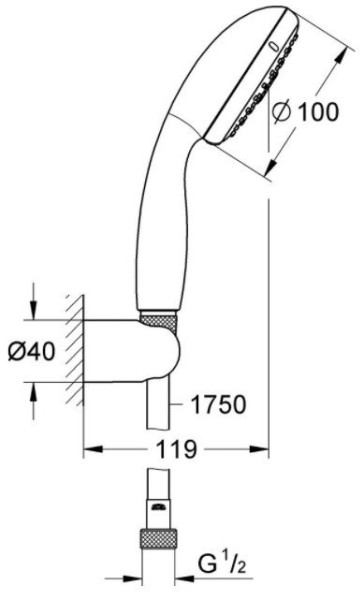 27849001 Tempesta New 100 Душевой набор III (круглый ручной душ, настенный держатель, шланг 1750 мм), хром. Фото 2