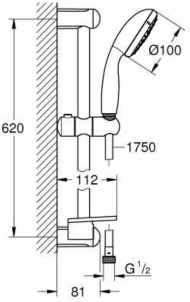 27927001 Tempesta New 100 Душевой гарнитур III, душевая штанга 600 мм, шланг 1750 мм, полочка, хром. Фото 2