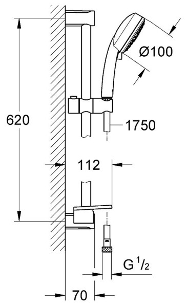 27929002 Tempesta New Cosmopolitan 100 Душевой гарнитур, душевая штанга 600 мм, шланг 1750 мм, полочка, хром. Фото 2