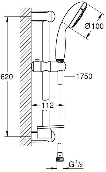 28593002 Tempesta New 100 Душевой гарнитур IV, душевая штанга 600 мм, шланг 1750 мм, полочка, хром. Фото 2