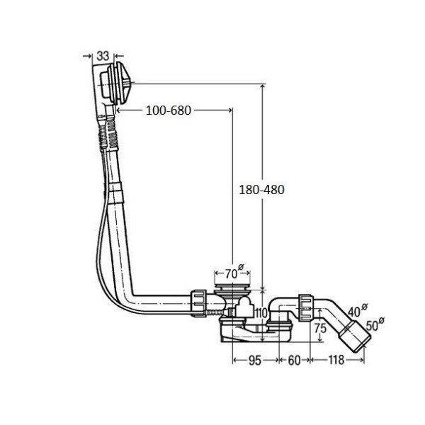 308889 Multiplex слив-перелив для нестандарт ванн, сифон, 40/50 x 1070, без накладок, плоская конструкция, модель 6163.2. Фото 3