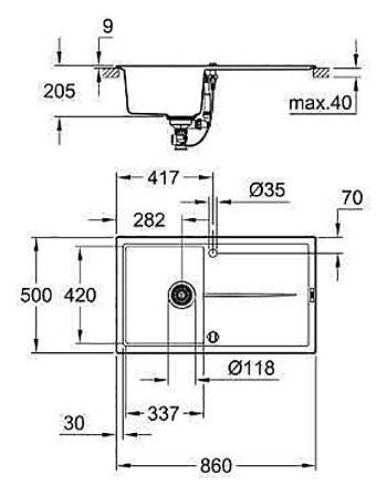 31640AT0 K400 Композитная мойка с крылом,860 x 500 мм, цвет серый гранит (AT0) (3 шт.-пал.). Фото 2