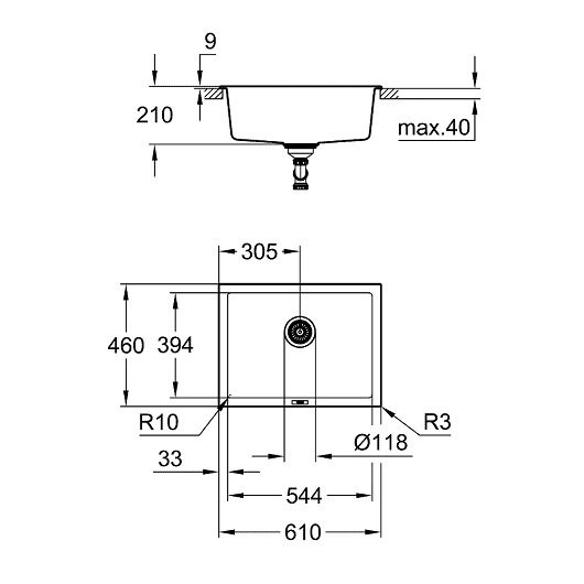 31655AT0 K700 Композитная мойка под столешницу,610 x 460, цвет серый гранит (AT0). Фото 3