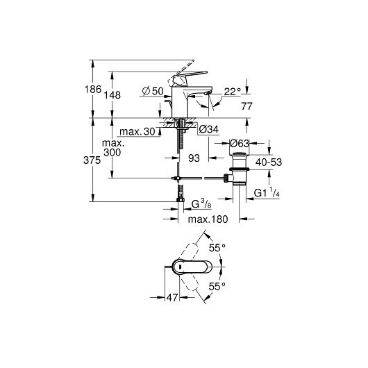3282500E Eurosmart Cosmopolitan с донным клапаном и ограничением расхода воды, хром (замена 32825000). Фото 3