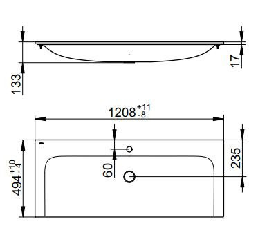 32980311201 PLAN Керамический умывальник 1208x494x17 мм, 1 отверстие для смесителя. Фото 2