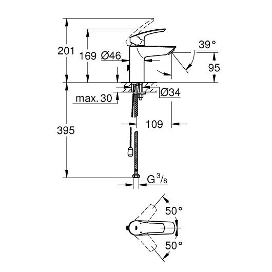 33188003 Eurosmart 2021 Смеситель для раковины с цепочкой S-size, хром (замена 33188002). Фото 5