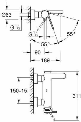 33553003 Plus Смеситель для ванны, настенный монтаж, 1/2″, хром. Фото 2