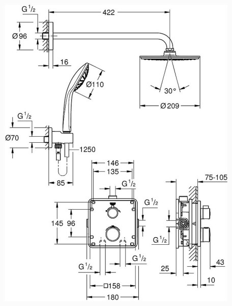 34734000 Grohtherm Набор для комплектации душа: встраиваемый термостат с переключателем верхний-ручной душ, квадратная розетка, верхний душ RSH. Фото 2
