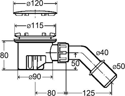 364786 Tempoplex сифон 120 х 40/50, хром накладка, проп.способность 0,45 л/с, H=80 мм, для поддонов D=90 мм, отводящее колено 45°. Фото 2