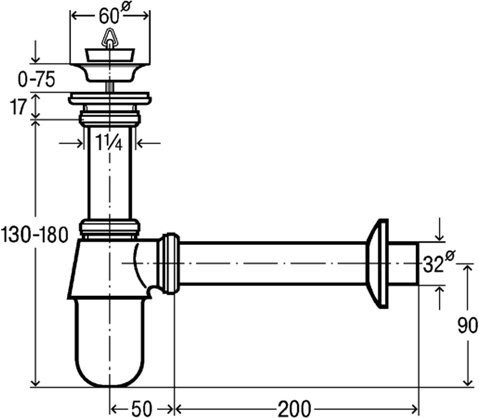 366681 Сифон для раковины (латунь), с пробкой, 1 1/4 x 32, хром, разъёмная чашка выпуска. Фото 1
