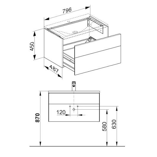 39603210100 ROYAL REFLEX.2 Комплект мебели для ванной 1 (Тумба под умывальник 796х487х450+Умывальник из минерального литья 800х490х30). Фото 2
