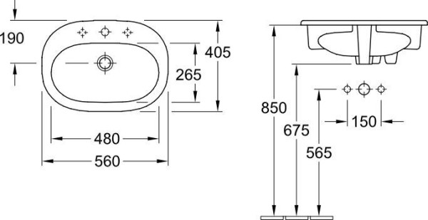 4161 5601 O.NOVO Раковина 560х405, встраиваемая, с отверстием под смеситель, с переливом, Альпийский белый. Фото 2