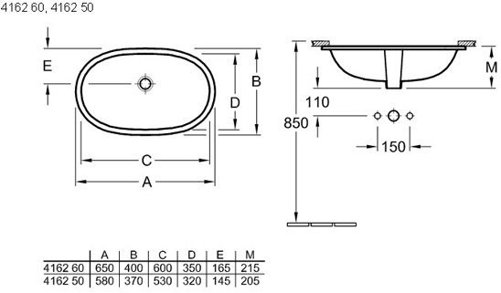 4162 5001 O.NOVO Раковина 530х320, встраиваемая, с переливом, Альпийский белый. Фото 2