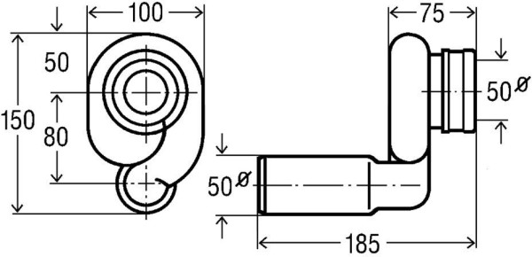 492465 Вакуумный сифон для писсуара D=50 мм, с горизонт. отводом, с манж. уплотнением и гидрозатвором, объем слива 1-4л/мин, модель 3233.9. Фото 2