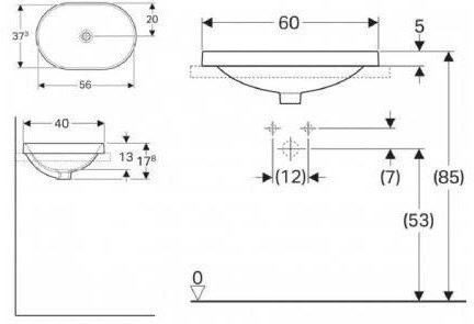 500.730.01.2 Geberit VariForm Раковина встраиваемая в столешницу эллиптической формы, 60х40 см, без отв. под смеситель, без отв. перелива. Фото 2