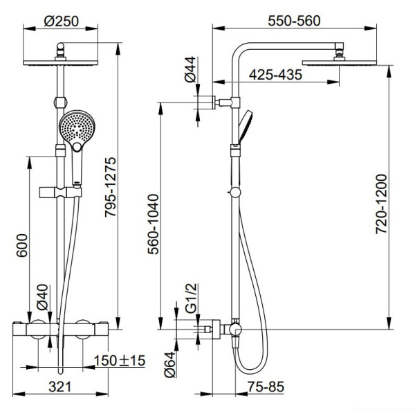53926372321 PLAN BLUE Душевая стойка с термостатом, верх.душ d250, ручн.душ 3х режим, шланг 160 см, черный матовый. Фото 2