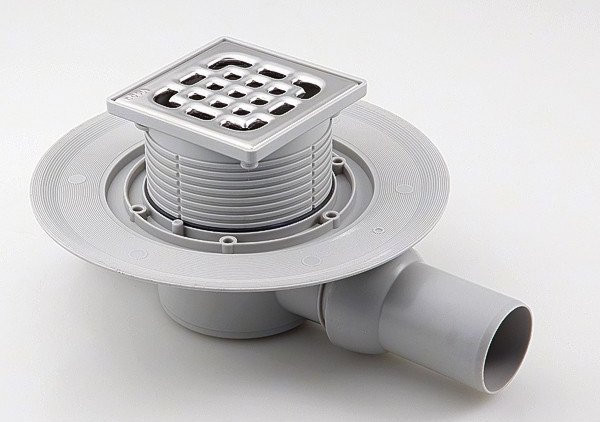 557119 Трап с изоляц. фланцем, гидрозатвором, 0,6 л/сек, решеткой из нерж. 100х100мм, шарнирн. отводом, пласт/серый, модель 4935.1. Фото 3