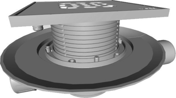 557140 Трап с изоляц. фланцем, гидрозатвором, 0,6 л/сек, решеткой из нерж. 150х150мм, шарнирн. отводом, пласт/серый. Фото 3
