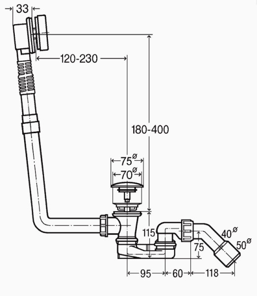 572853 Слив-перелив для стандартных ванн с нажимным клапаном Click-clack, с сифоном, 40/50 x 540, D=52, пластик/хром, модель 6177.45. Фото 2