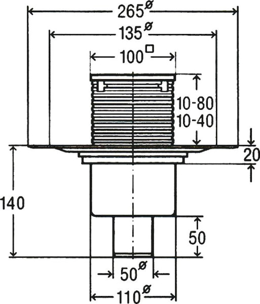 583224 трап с изоляц. фланцем,"сухим" затвором,решеткой из нерж. 100х100мм (рамка пласт),пласт/серый, верт. выпуск. Фото 2