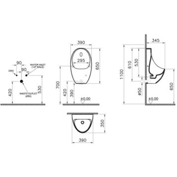 5999B003-5556 Писсуар Arkitekt безободковый сенсорный, питание от сети. Фото 2