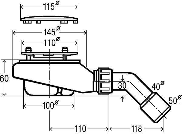 634100 Tempoplex сифон 115 х 40/50, хром накладка, проп.способность 0,55 л/с, H=60 мм, для поддонов D=90 мм, отводящее колено 45°. Фото 2