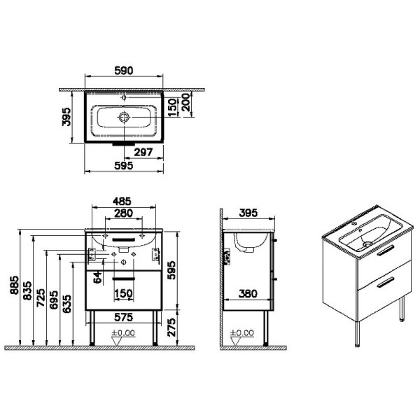 66106 Модуль с 2 ящиками с раковиной, 60 см, цвет белый глянец. Фото 2