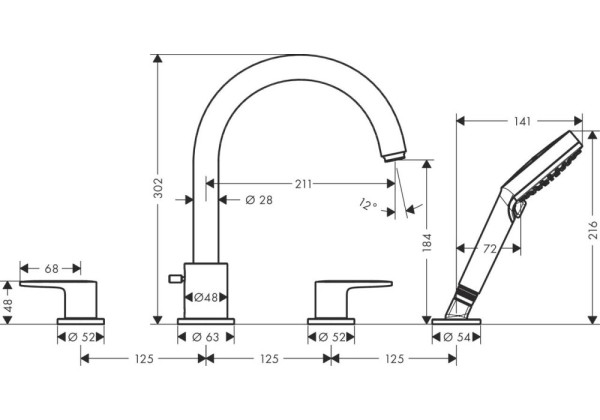 71456000 HG Vernis Blend смеситель на край ванны на 4 отверcтия(внешняя часть). Фото 2