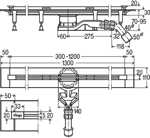 721671 Advantix Vario душевой лоток, проп. способность 0,55-0,6 л/с, L=300-1200, монтажная высота 70-95 мм. Фото 2