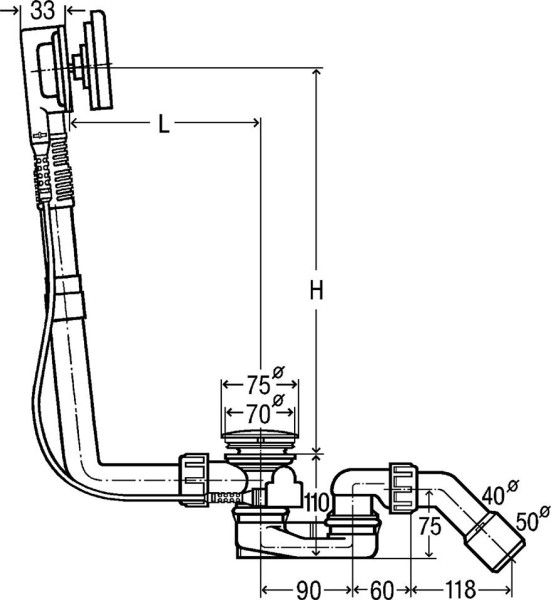 724566 Multiplex Visign M9 Слив-перелив для стандар ванн BWL (длина тросика) = 560 мм, DN=40/50, увеличение уровня воды на 5 см, модель 6171.10, хром. Фото 2