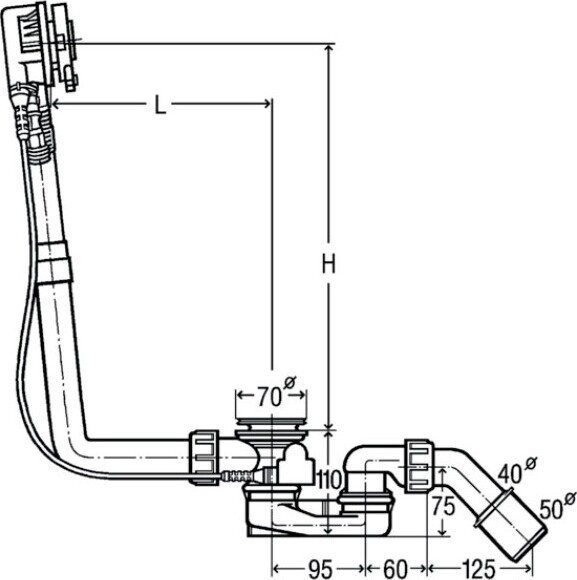 727970 Multiplex Trio Слив-перелив с наливом для ванн c центр. сливом, наполнение через перелив 725*40/50, хром, плоская конструкция, модель 6161.62. Фото 2