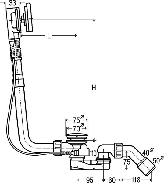 733582 Multiplex Visign M9 Слив-перелив для ванн с центр слив BWL (длин тросика) = 725 мм, DN=40/50, увелич уровня воды на 5 см, мод. 6171.11, хром. Фото 2