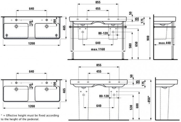 8.1496.6.000.104.1 PRO S Столешница двойная для умывальника 1200х460, с 1 отверстием для смесителя. Фото 4