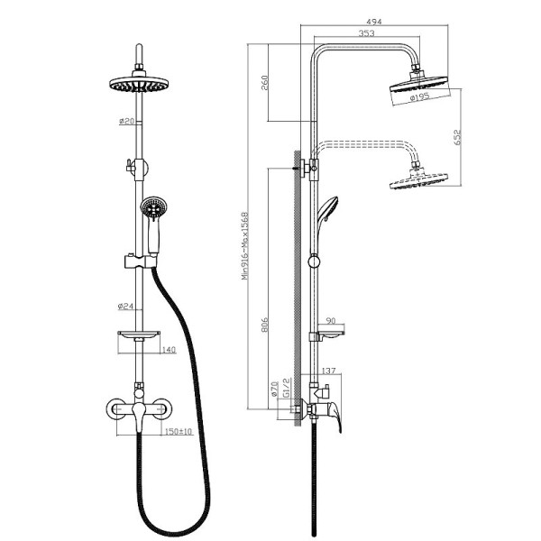 A35-45 Смеситель одноручный (35мм) для душа с верхней лейкой "Тропический дождь" и 3-ф. лейкой, хром. Фото 2