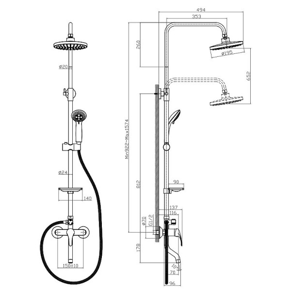 A35-46 Смеситель одноручный (35мм) для ванны с верхней лейкой "Тропический дождь", с пов. изл. 70мм. Фото 2