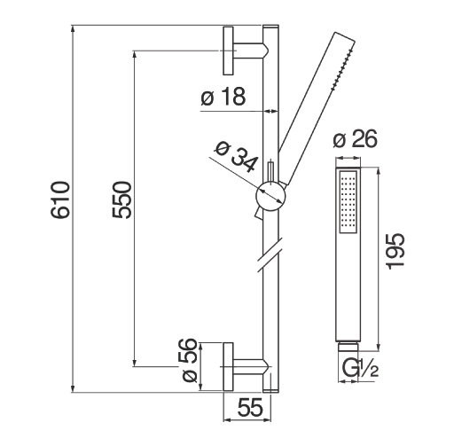 AD140/37FLP душевой гарнитур 60 см 1jet, глянцевый черный. Фото 2