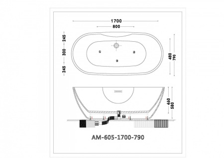 Акриловая ванна ARTMAX AM-605-1700-790 отдельностоящая со сливом-переливом ,сифон в комплекте. Фото 2