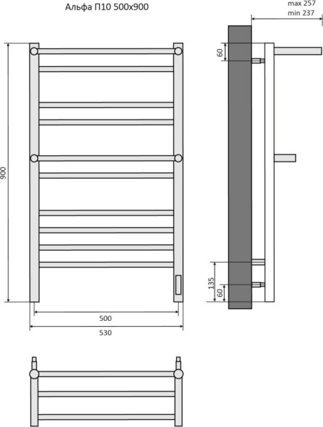 Альфа П10 500х900 электрический (quick touch) Полотенцесушитель Aquatek (черный муар). Фото 2