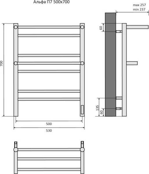 Альфа П7 500х700 электрический (quick touch) Полотенцесушитель Aquatek (черный муар). Фото 4