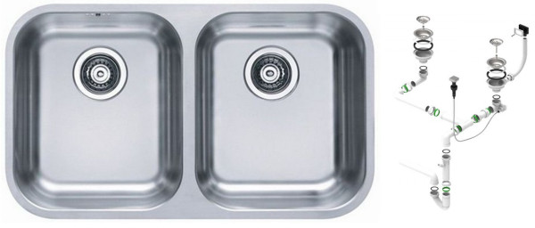 Alv 1036849 Duo 30 Мойка под стол, 2 чаши, 0,8 мм, SAT, 3½", 752х440х180 мм+сифон 1127257,шк 800. Фото 1