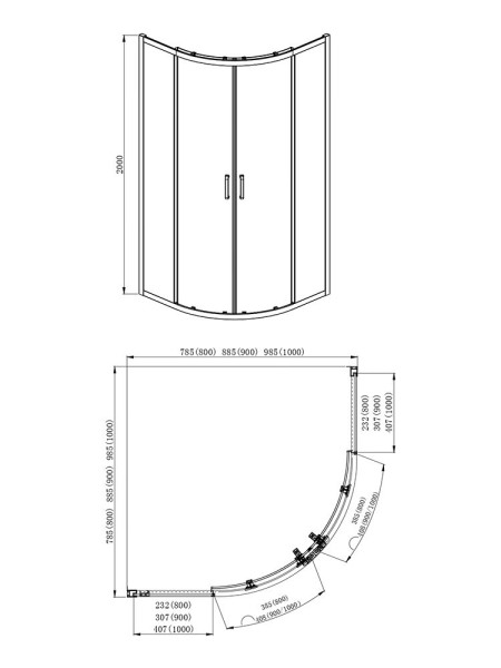 AQ ARI RO 09020GM Душевой уголок 1/4 круга, двери раздвижные 900x900x2000, профиль оружейная сталь, стекло прозрачное. Фото 6
