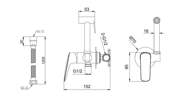 AQ1019CR ВЕГА комплект для гигиенического душа встроенный (смеситель + гигиеническая лейка + шланг). Фото 3